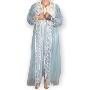 Vintage 60s Ilise Stevens Baby Blue Nylon Lace Trim Peignoir Set Large